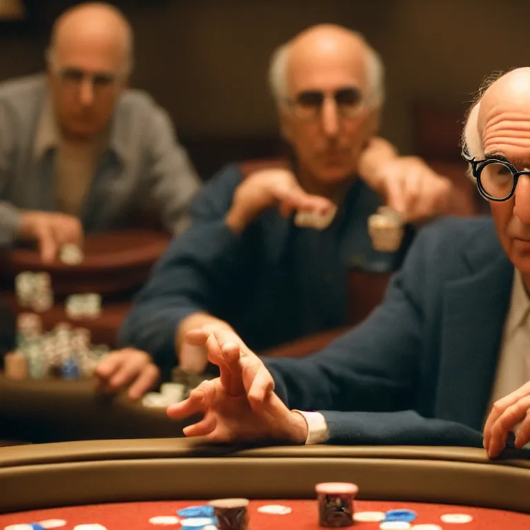 Image similar to a cinematic film still of a claymation stop motion film starring larry david playing poker, portrait, shallow depth of field, 8 0 mm, f 1. 8