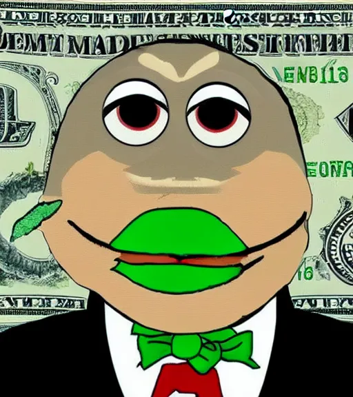 Image similar to pepe eating money, realistic, frame from the movie, in a suite