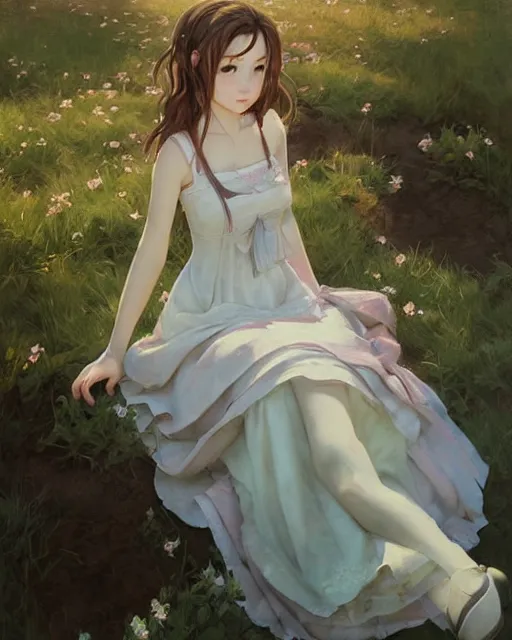 Image similar to aerith gainsborough in a cottagecore dress, portrait, illustration, rim light, top light, perfectly shaded, spring time, slight overcast lighting, soft painting, art by krenz cushart and wenjun lin