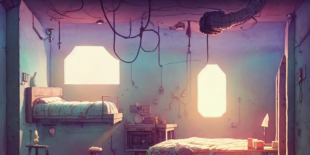 Image similar to room in the sewers, the room is delicate and neat, bed is made, sword rack above the bed, detailed, artstation, 8 k, sci - fi, pastel colors, props, panel, concept, simon stalenhag, in watercolor gouache detailed paintings, moebius, blueprint, building, living room, detailed, posters, sofa