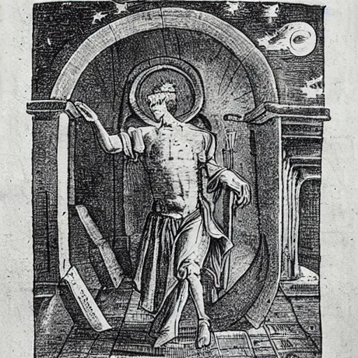 Image similar to engraving from flammarion showing a man leaving the medieval cosmo to enter the new modern universe