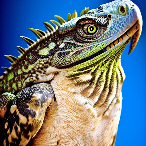 Image similar to Hawk and iguana hybrid animal, highly detailed photo taken at zoo,