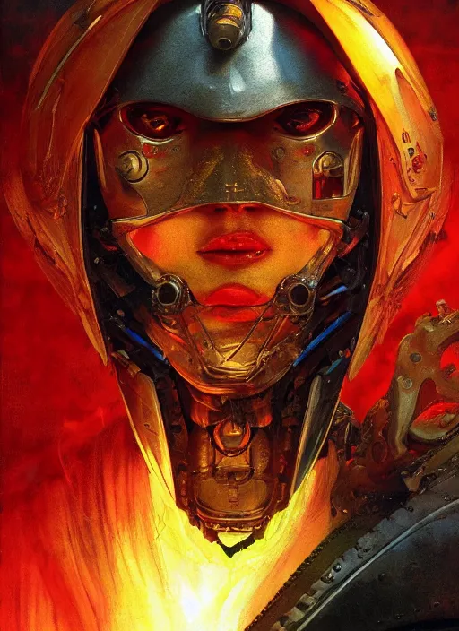 Image similar to ( ( symmetry ) ) closeup portrait of a stunning armored cyborg female pirate captain, strong cinematic light, backlight, red yellow, viscous smoke, fluid simulation, mist, by gerald brom, by mikhail vrubel, by peter elson, muted colors, extreme detail, trending on artstation, 8 k