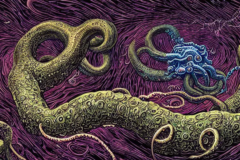 Image similar to a giant lovecraftian tentacle creature gripping a black hole by dan mumford, digital art, photorealistic, vivid colors, highly detailed, intricate