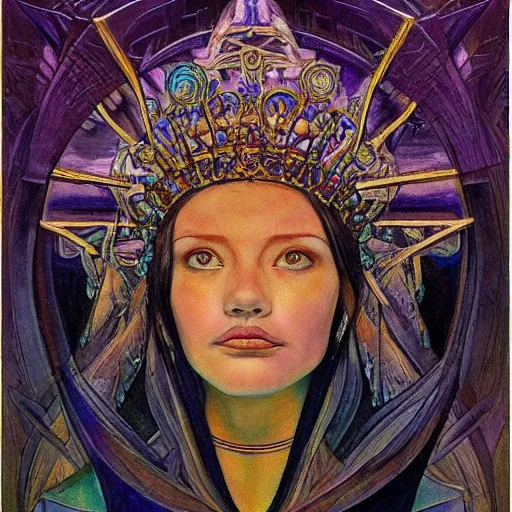 Image similar to the crystal crown, by Annie Swynnerton and Nicholas Roerich and Diego Rivera, tattooed bioluminescent skin, elaborate costume, geometric ornament, symbolist, Luis Royo, rich color, dramatic cinematic lighting, smooth, sharp focus, extremely detailed