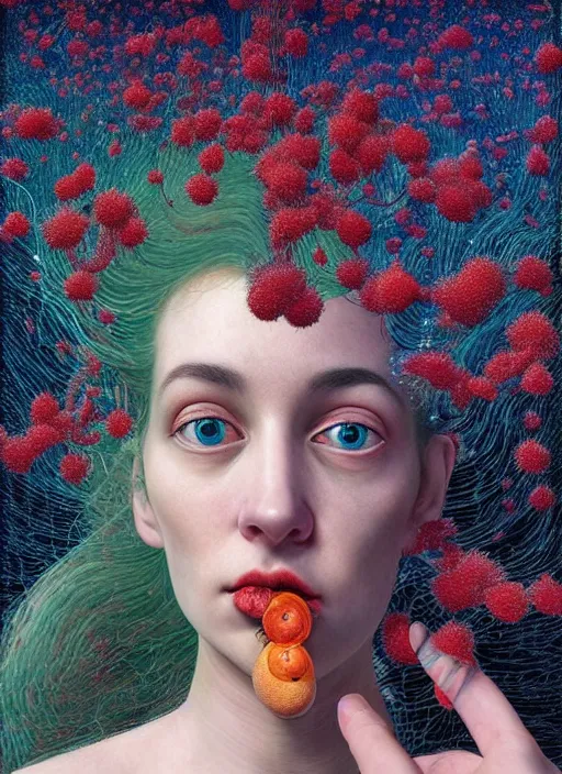 Image similar to hyper detailed 3d render like a Oil painting - Aurora (Singer) Eats of the Strangling Fruit and Her gossamer polyp blossoms bring iridescent fungal flowers whose spores black the foolish stars by Jacek Yerka, Mariusz Lewandowski, Houdini algorithmic generative render, Abstract brush strokes, Masterpiece, Edward Hopper and James Gilleard, Zdzislaw Beksinski, Mark Ryden, Wolfgang Lettl, hints of Yayoi Kasuma, octane render, 8k