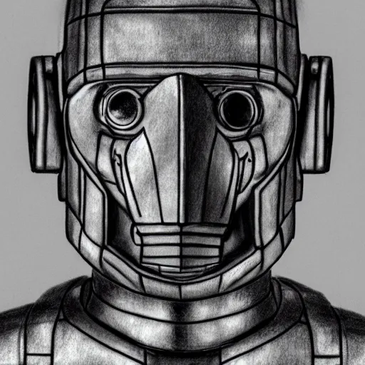 Image similar to close up realistic cyberman with half of his mask broken off showing david tennant pencil sketch cinematic lighting, render, fantasy