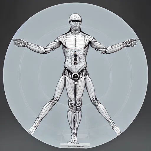 Prompt: beautiful centered fine art photo portrait of vitruvian man as a solarpunk robotic humanoid, white mechanical parts with led lights, bouguereau style pose, photorealistic, white background, highly detailed and intricate, soft box lighting, hdr 8 k