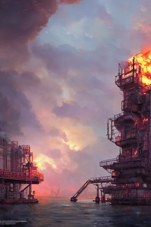 Image similar to a highly detailed matte painting of a soviet steampunk oil rig on fire at night by studio ghibli, makoto shinkai, by artgerm, by wlop, by greg rutkowski, volumetric lighting, octane render, 4 k resolution, trending on artstation, masterpiece