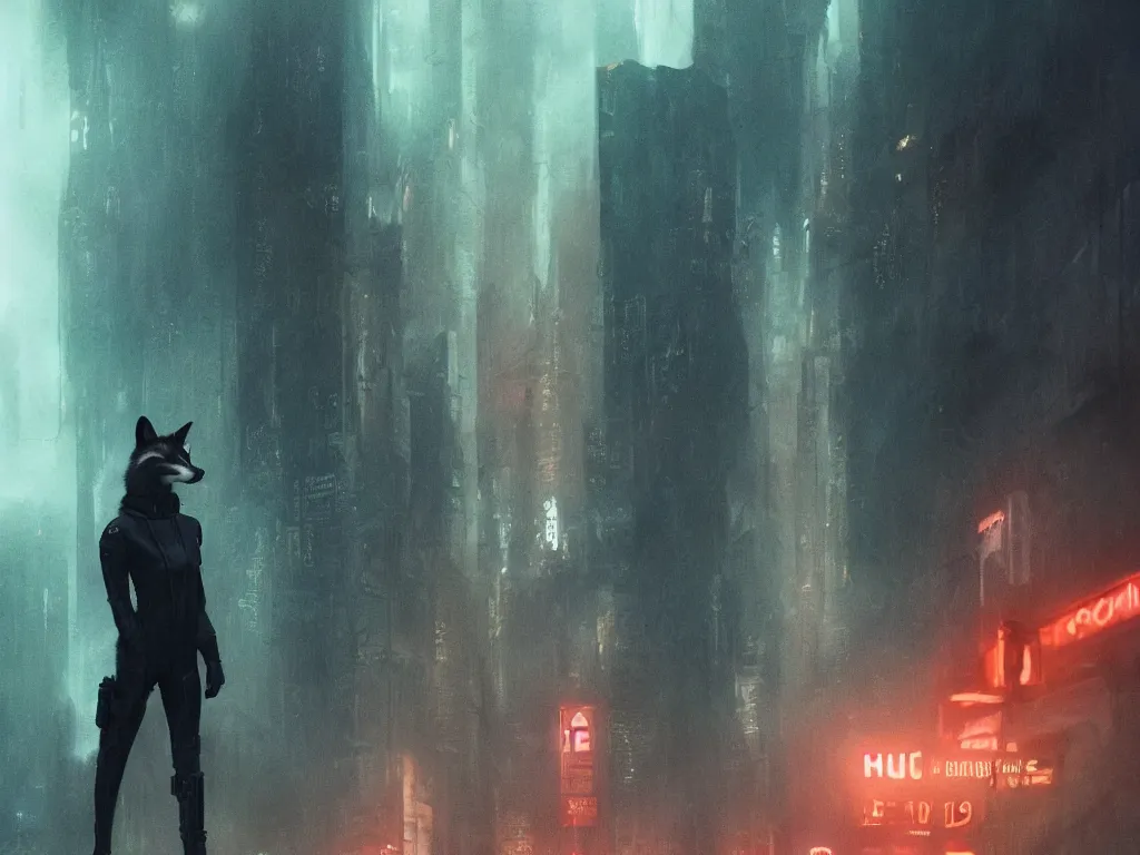 Prompt: anthro fox furry in Blade Runner: 2049, wearing a leather uniform, city streets, fursona, anthropomorphic, furry fandom, film still