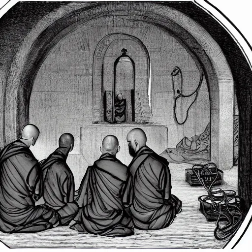 Image similar to 5 monks kneeling in a circle with wires coming out of the back of their heads connecting them to a computer in the center, dark shadowy surroundings, dystopian scifi, horror