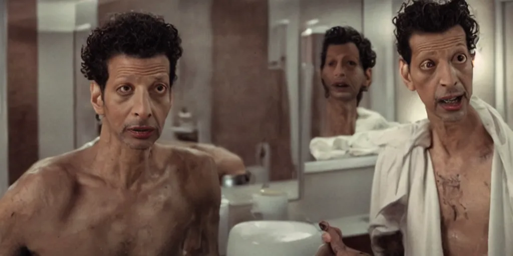 Image similar to ultra wide angle photo of jeff goldblum dressed as seth brundle is looking at himself in a bathroom mirror and seeing his reflection as the fly, a mutated insect version of jeff goldblum