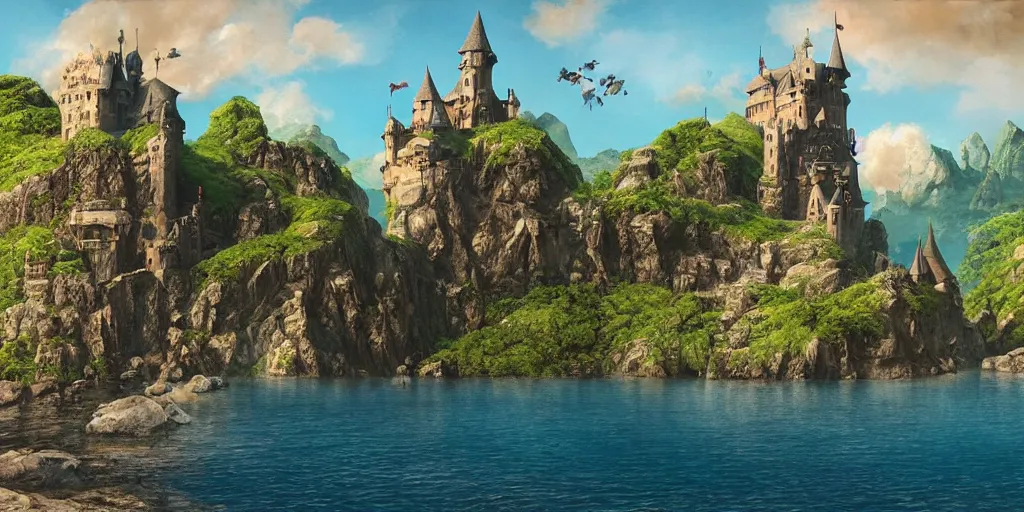 Prompt: matte painting a stunning landscape of a castle on a lost island on a sunny day by brian k. vaughan