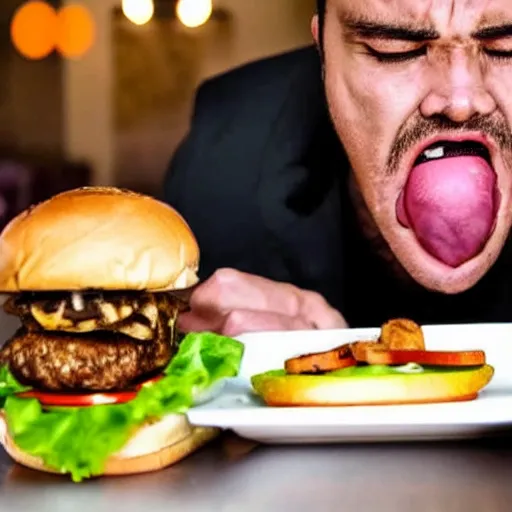 Prompt: a furious man eating a hamburger