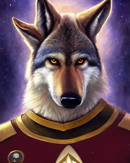 Prompt: painting of anthromorphic male wolf in starfleet uniform, star trek, zootopia, fursona, furaffinity, 4 k, deviantart, furry art, very expressive detailed face, gaston bussiere, craig mullins, jc leyendecker, gustav klimt, artgerm, greg rutkowski, alphonse mucha