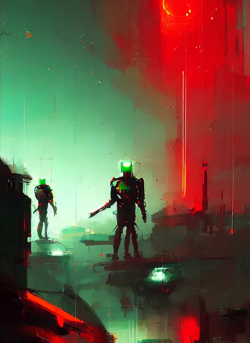 Image similar to sci - fi knights, red and green hour, by ismail inceoglu