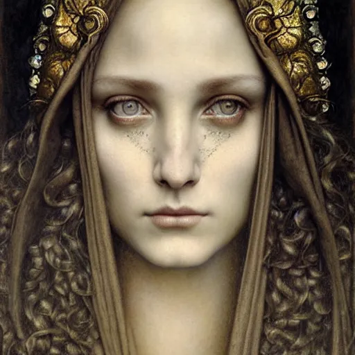 Prompt: detailed realistic beautiful young medieval queen face portrait by jean delville, tom bagshaw, brooke shaden, gustave dore and marco mazzoni, art nouveau, symbolist, visionary, gothic, pre - raphaelite, ornate gilded medieval icon, surreality, ethereal, unearthly, haunting, celestial, neo - gothic, ghostly, memento mori