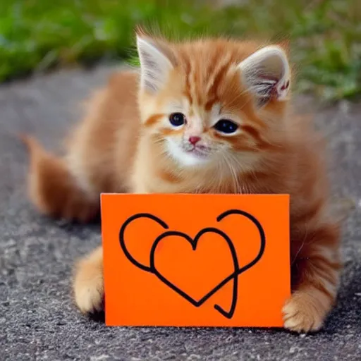 Image similar to cute fluffy orange tabby kitten with a sign that says