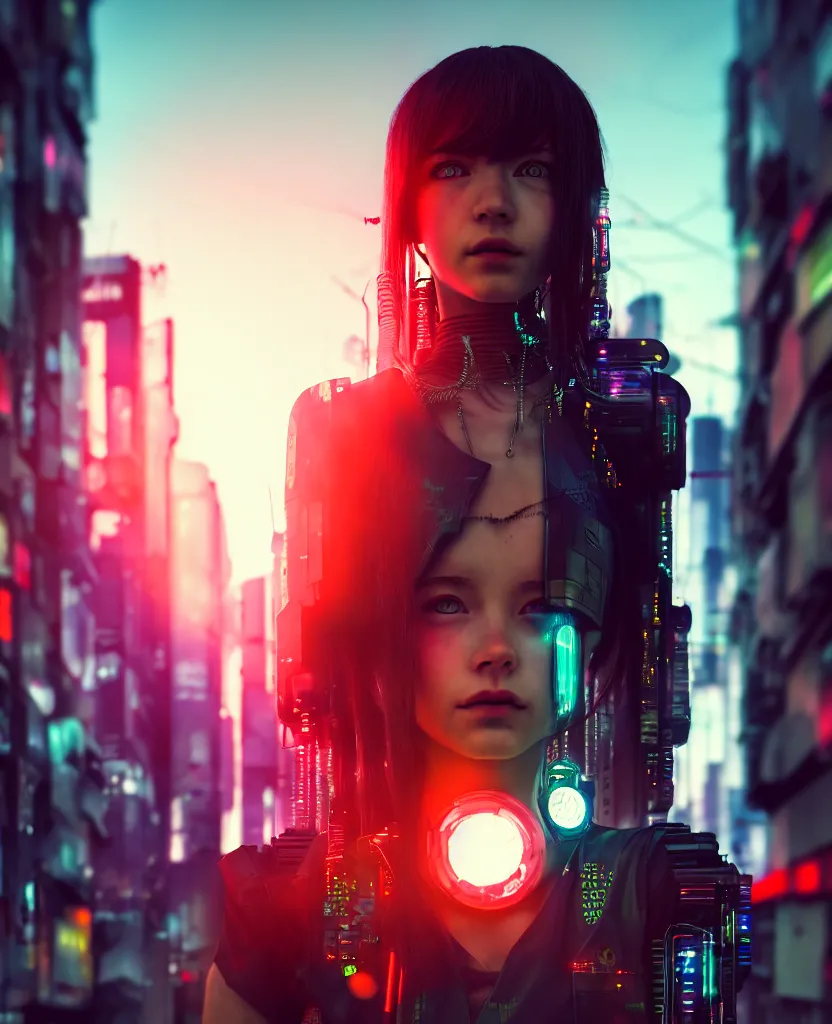 Image similar to a photo close up cyberpunk cyborg girl stands in a cyberpunk hiroshima, prefecture streets, sunset, photorealistic, cinematic lighting, very detailed, style by tomino - sama