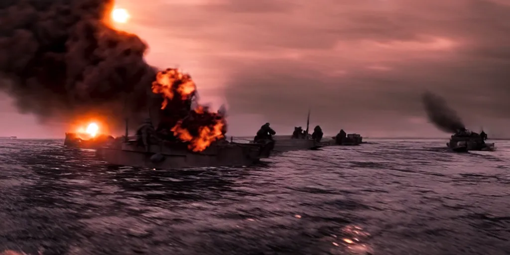 Image similar to a photorealistic film still from dunkirk by roger deakins - a destroyed city, 3 5 mm lens, early morning, dramatic lighting, cinematography, sunset red and orange, cinematic, global illumination, highly detailed, photorealistic