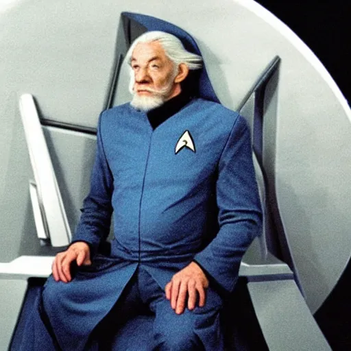 Prompt: Gandalf the Grey in Grey Star Trek uniform, sitting in the Captain's chair on the Bridge of the Enterprise, still photo from the tv show Star Trek: the Next Generation