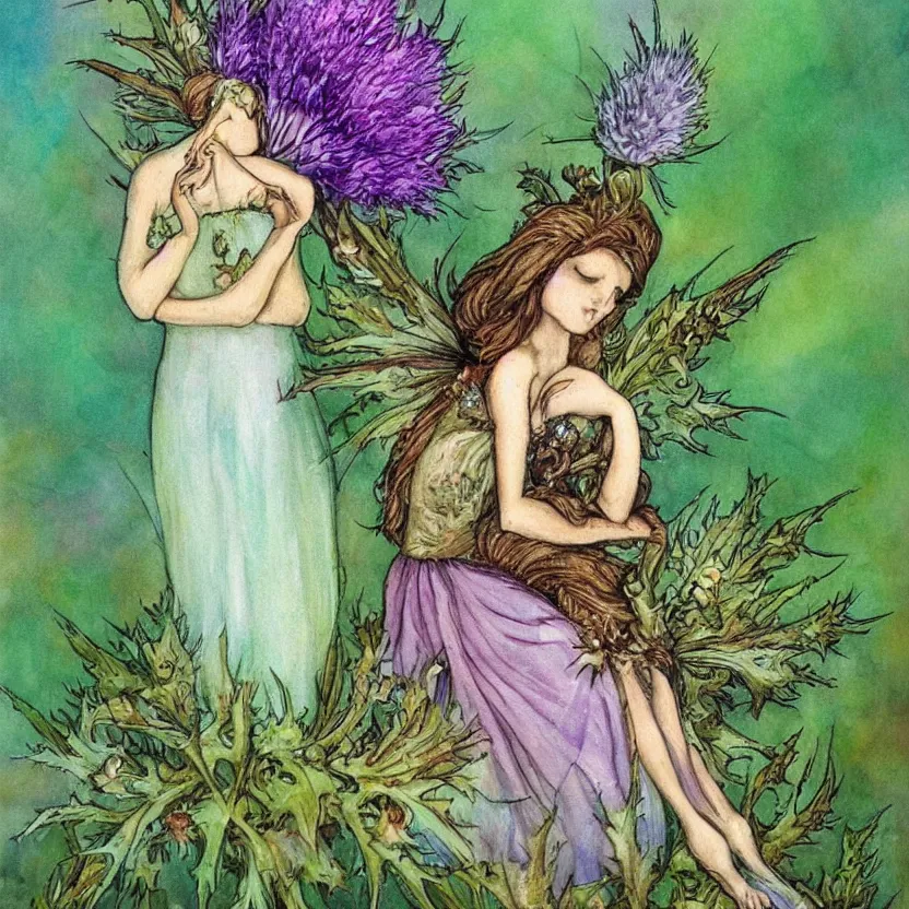 Prompt: a beautiful fairytale painting of a cute thistle seed fairy, a fairy made out of a thistle seed.