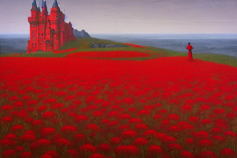 Image similar to only with red, red flowers of different types, red castle in background, red medieval goblins, in the style of beksinski, parts by edward hopper, parts by rodcenko, parts by yue minjun, intricate and epic composition, red by caravaggio, insanely quality, highly detailed, masterpiece, red light, artstation, 4 k