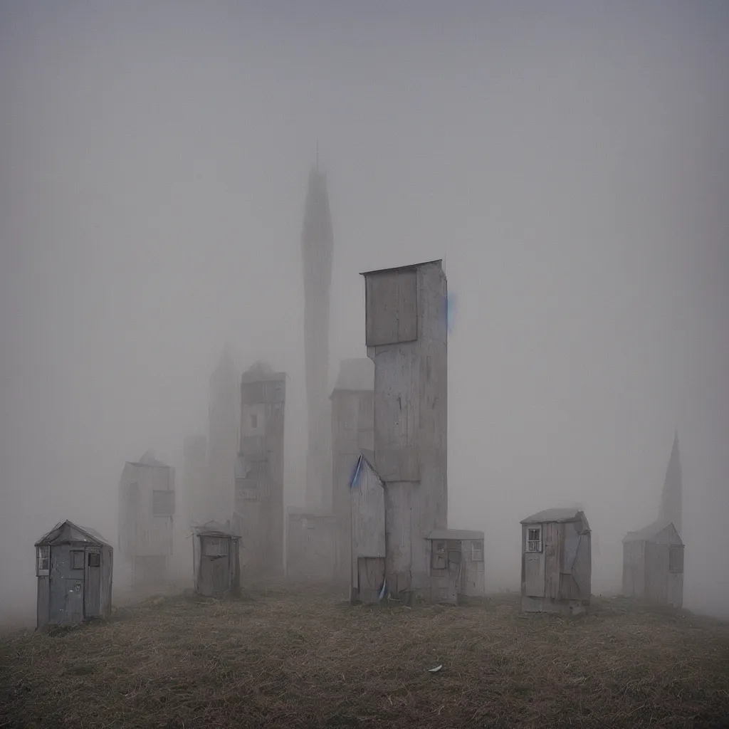 Image similar to two towers, made up of makeshift squatter shacks with pastel colours, uneven dense fog, dystopia, mamiya, f 1 1, fully frontal view, photographed by jeanette hagglund