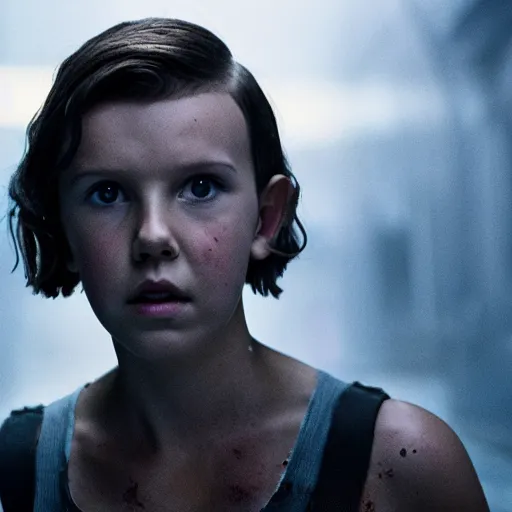 Image similar to Millie Bobby Brown as the Terminator, movie still, dramatic, dark, bloody, doomsday