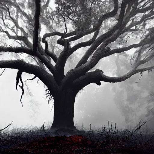 Image similar to A realistic looking album cover of a black metal band depicting a very large dead oak tree that is on fire, standing far in front of a dark forest, the weather is clear but there is some fog