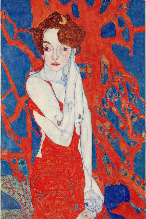 Prompt: girl waer detailed red arabesque blue dress and lay down on a detailed navy persian carpet with a big tree palm persian pot, painting by egon schiele