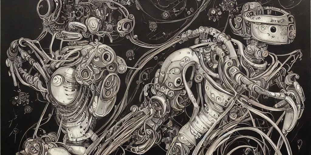Image similar to a beautiful painting of robot by aaron horkey, trending on artstation