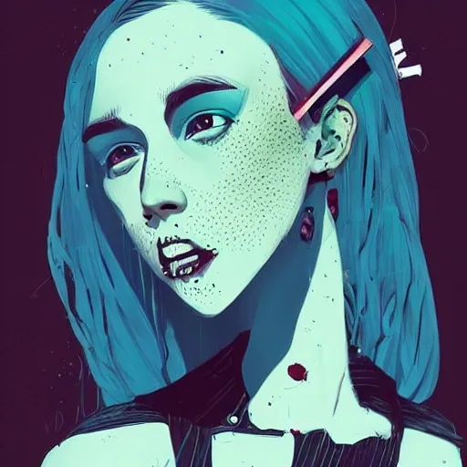 Image similar to Highly detailed portrait of pretty punk zombie young lady with freckles by Atey Ghailan, by Loish, by Bryan Lee O'Malley, by Cliff Chiang, inspired by image comics, inspired by graphic novel cover art, inspired by papergirls !! Gradient color scheme ((grafitti tag brick wall background)), trending on artstation