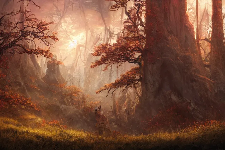 Image similar to sunset lighting ominous shadows, cinematic fantasy painting, dungeons and dragons, an ashigaru mouse looks over an autumn forest clearing of wildflowers glade jessica rossier and brian froud