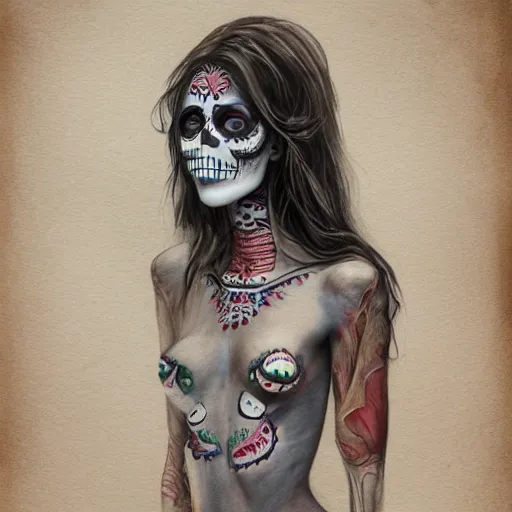 Prompt: full body pencil sketch of a beautiful young woman with mexican skull make up, dia de los muertos, no clothes, perfect anatomy, full body, watercolor background, pencil art, ink and pencil, hyperrealistic, hyperdetailled, digital art, greg rutkowski, artstation, 8 k, beautiful drawing, paper texture, spray paint, watercolors