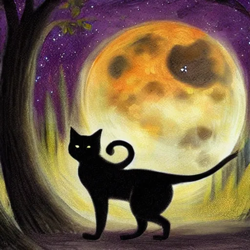 Prompt: a black cat watching the full moon , fantasy illustration