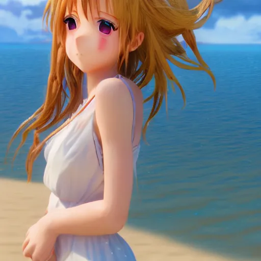 Image similar to Render of a beautiful 3d anime girl, long hair, hazel eyes, cute freckles, full round face, short smile, cute sundress, golden hour, serene beach setting, medium shot, mid-shot, highly detailed, trending on Artstation, Unreal Engine 4k