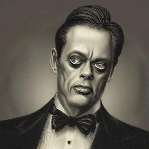 Image similar to portrait of Steve Vincent Buscemi in a tuxedo, realistic portrait, illustration by Gustave Doré