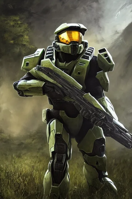 Image similar to master chief from halo 3 hunting easter eggs, oil on canvas, intricate, portrait, 8 k highly professionally detailed, hdr, cgsociety