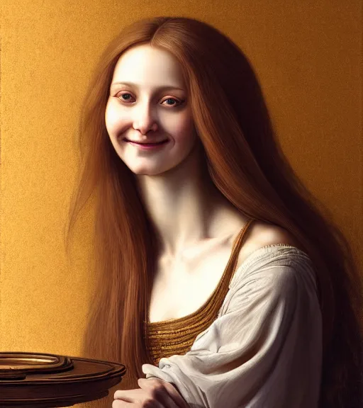 Image similar to portrait of a long - haired woman smiling as she is sitting upon a table with heightened detail, poised, intense emotion, detailed facial expression, detailed surroundings, intricate, elegant, highly detailed, centered, digital painting, artstation, concept art, smooth, sharp focus, illustration, by ( leonardo da vinci ), wlop