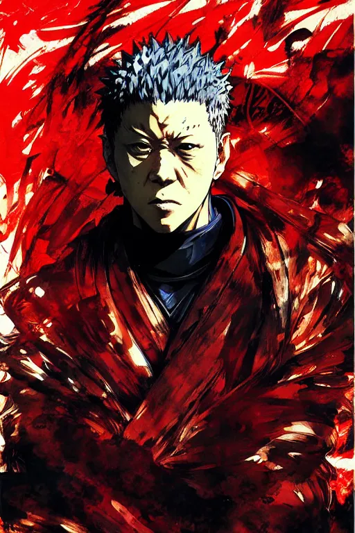 Image similar to gojo satoru from jujutsu kaisen, anime style painting, collaborative artwork of greg ruthowski, yoji shinkawa, ruan jia, exquisitely high quality and detailed