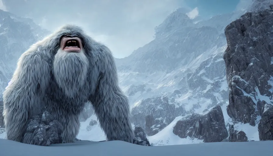 Image similar to Giant yeti roaring in the heart of the snowy mountains of Tibet, hyperdetailed, artstation, cgsociety, 8k
