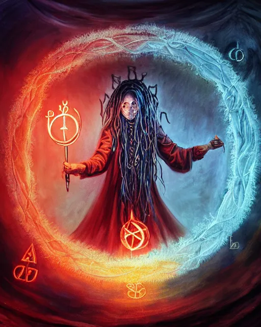 Prompt: photorealistic oil painting of floating demonic mage casting magic, surrounded with glowing runes in the middle of dark room, vibrant colors, gothic, lovecraftian horror, high production value, intricate details, high resolution, hdr, high definition, masterpiece, realistic, ultrarealistic, highly detailed, hd, sharp focus, non blurry, sharp, smooth