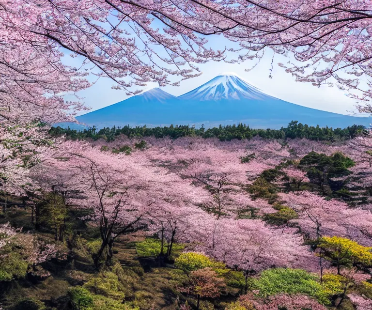 Prompt: a photo of mount fuji, over a sakura forest, seen from a window of a train. beautiful!