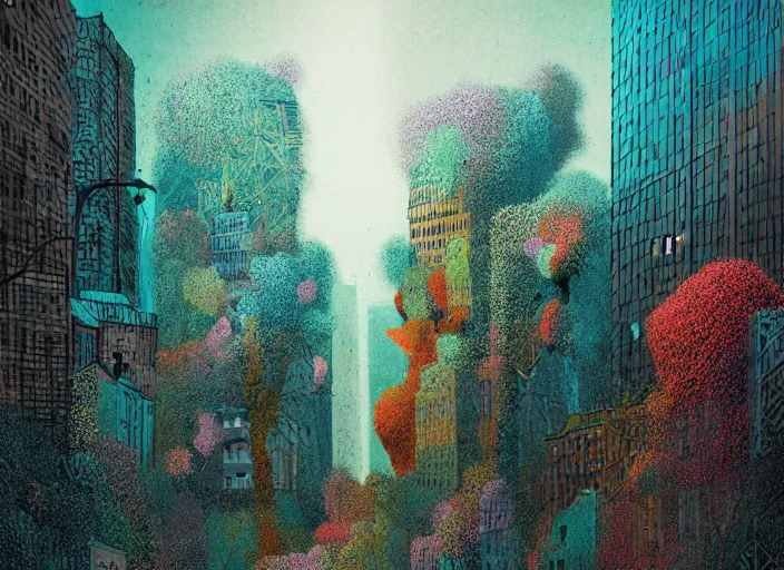 Prompt: city covered in overgrowth, colorful, Mads Berg, Karolis Strautniekas, stippled light, editorial illustration, detailed,fine texture, textured, matte print