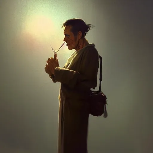 Image similar to a highly detailed epic cinematic concept art CG render digital painting artwork costume design: Henry Fonda as a 1950s tired disillusioned poet, barefoot, smoking a cigarette. volumetric lighting. By Greg Rutkowski, in the style of Francis Bacon and Syd Mead and Norman Rockwell and Beksinski, open ceiling, highly detailed, painted by Francis Bacon and Edward Hopper, painted by James Gilleard, surrealism, airbrush, Ilya Kuvshinov, WLOP, Stanley Artgerm, very coherent, triadic color scheme, realistic facial expression, art by Takato Yamamoto and James Jean