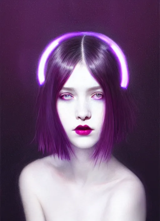 Image similar to portrait of pale teenage girl, red irises, black hair, white bangs, purple lipstick, white bangs, bangs, black hair and white bangs, intricate, elegant, glowing lights, highly detailed, digital painting, artstation, concept art, smooth, sharp focus, illustration, art by wlop, mars ravelo and greg rutkowski