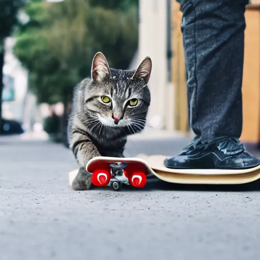 Prompt: cat riding a skateboard in street