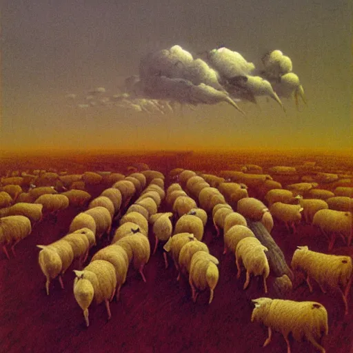 Image similar to dead sheeps in a farm nuclear winter by zdzisław beksinski