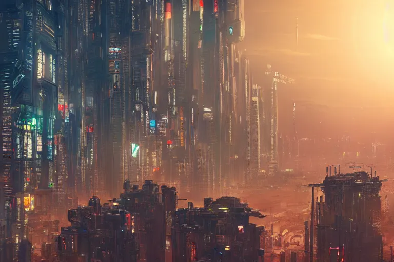 Image similar to dense and detailed dystopian cyberpunk city skyline, multicolored, 8k